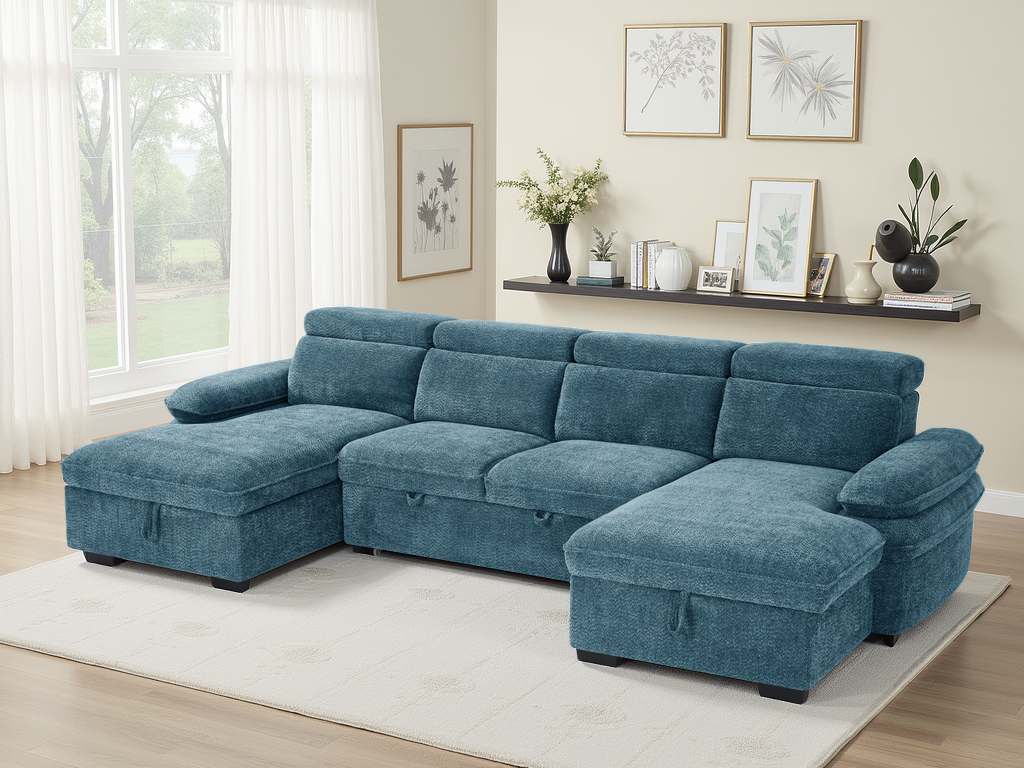 Blue sectional sofa in a living room with decor elements.