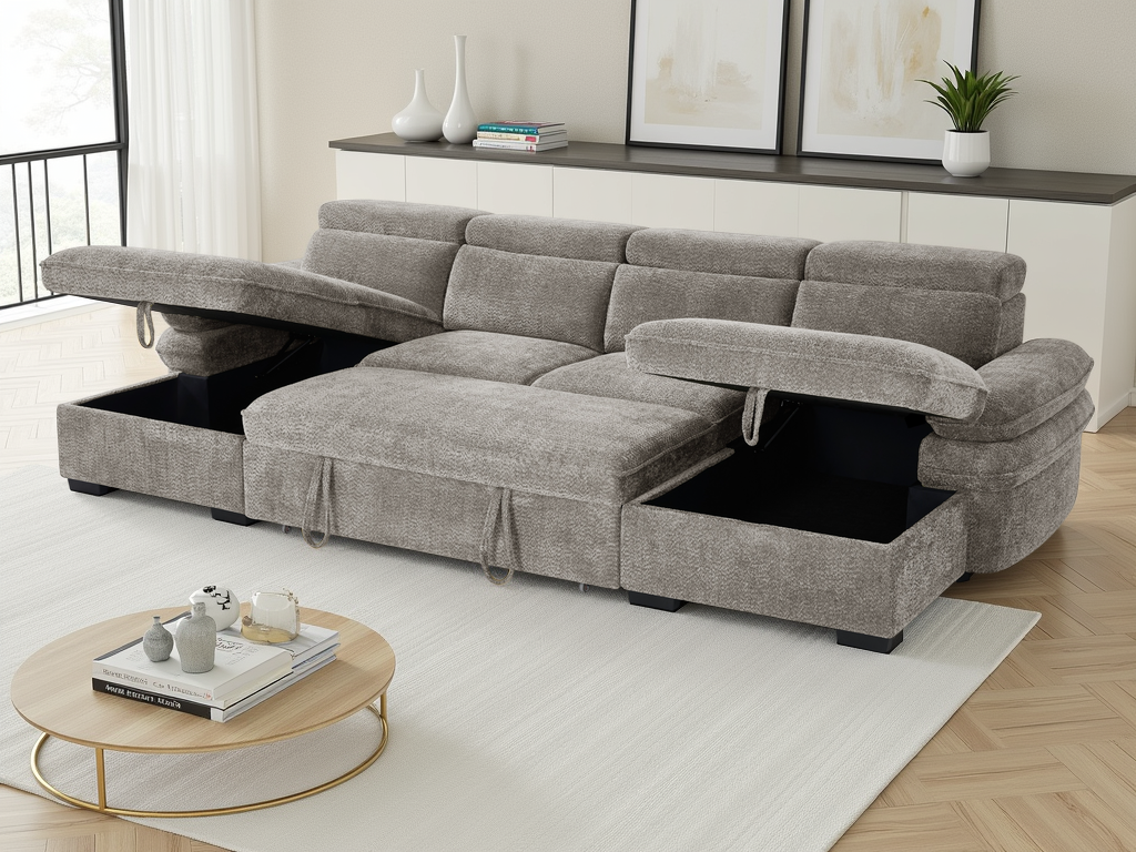 Gray sectional sofa with storage compartments in a living room setting.