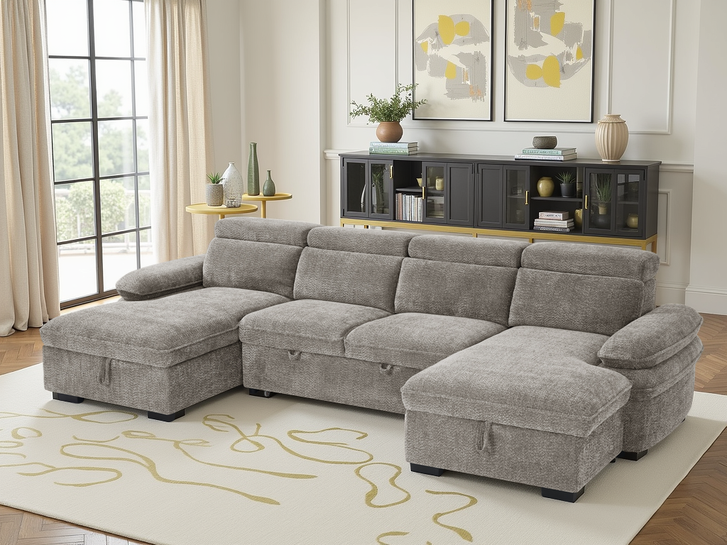 Gray sectional sofa in a living room with a rug and decorative items.