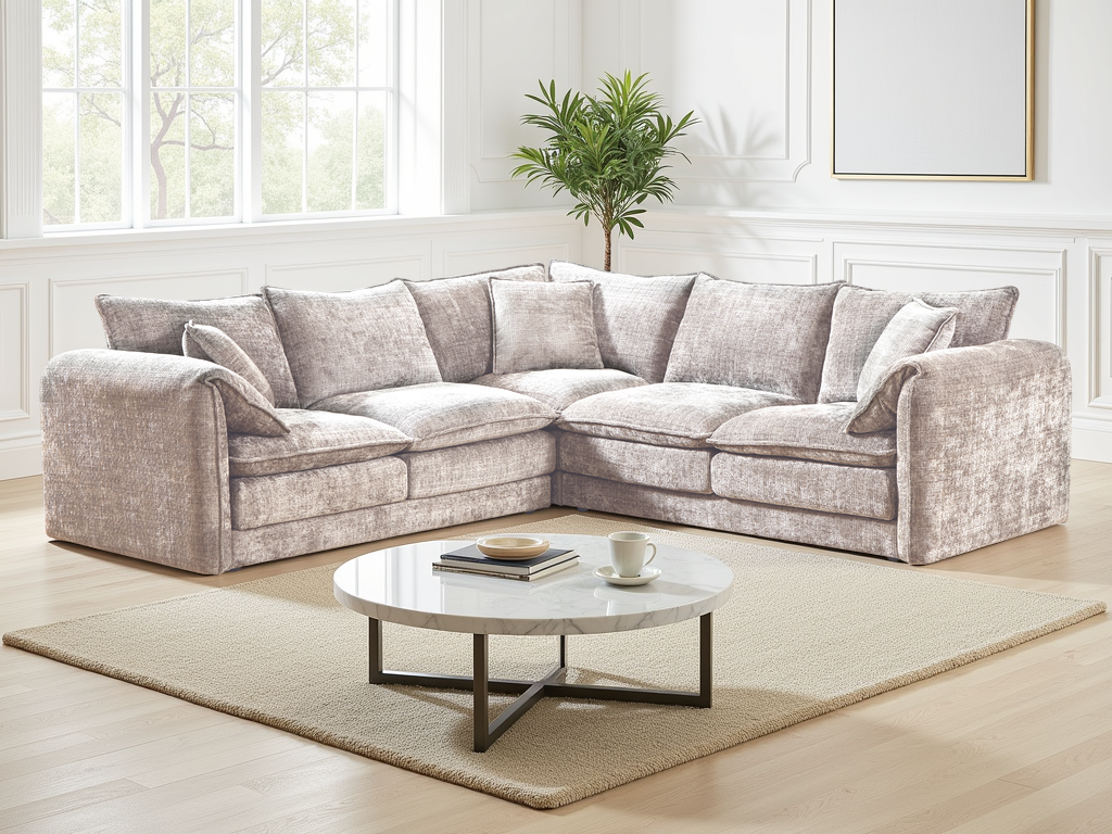 Beige sectional sofa in a living room with a coffee table and plant.