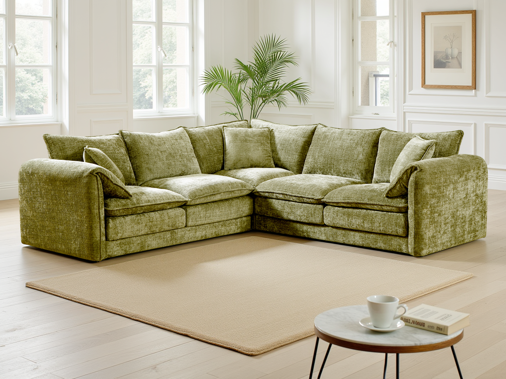 Green sectional sofa in a bright room with a small table and plant.