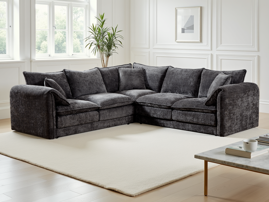 Black sectional sofa in a living room with a coffee table and plant.