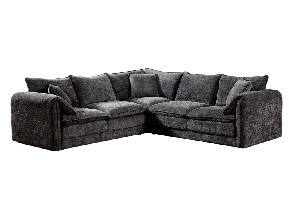 A Black textured fabric sectional sofa on a plain white background.