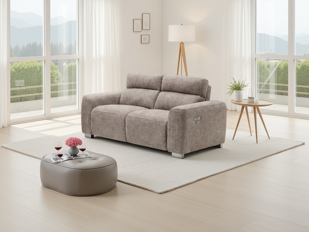 Gray sofa in a modern living room with large windows and a small table.