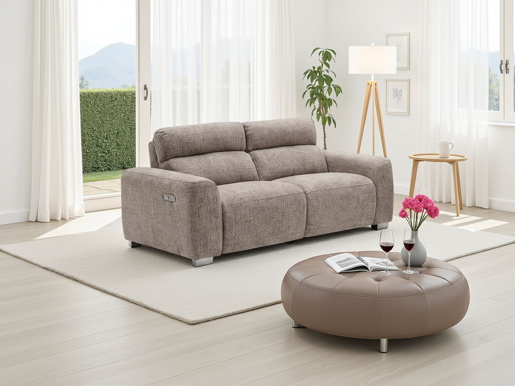 Gray sofa in a modern living room with a round ottoman and decorative items.