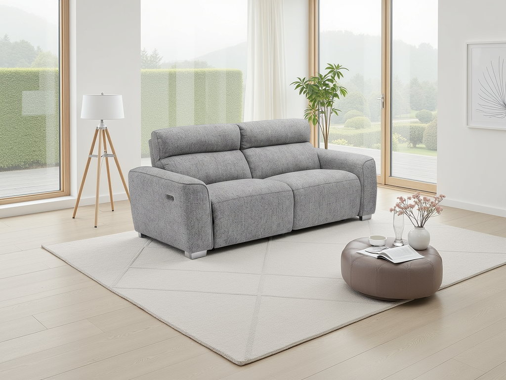 Gray sofa in a modern living room with large windows and minimal decor.