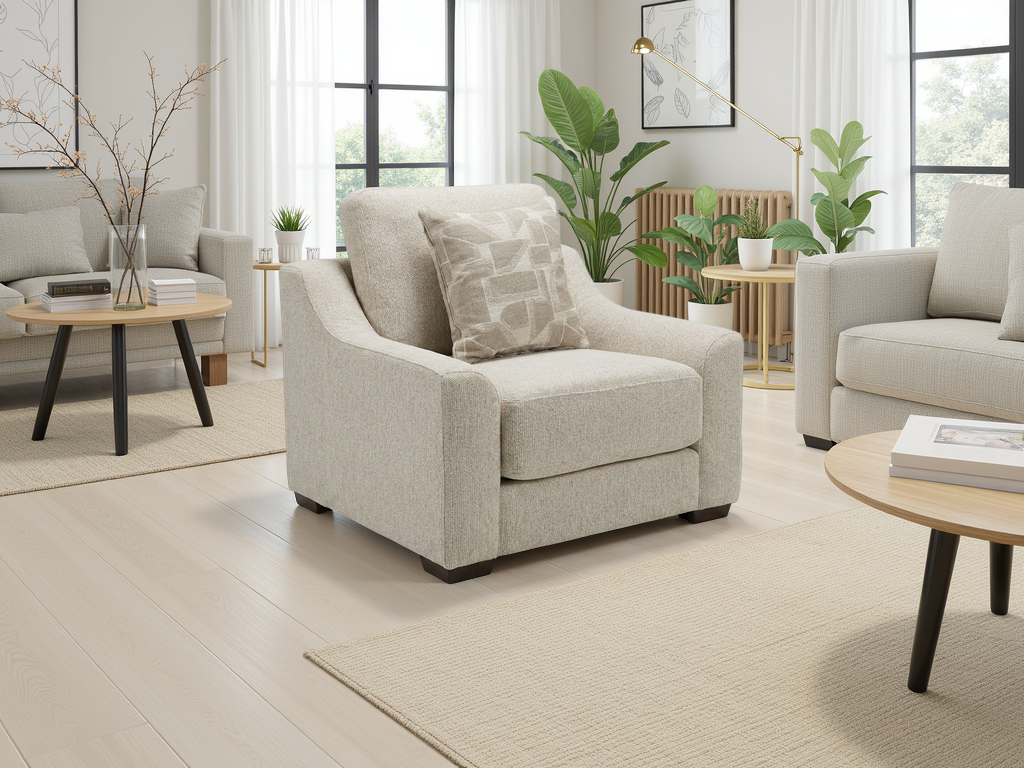 Douglas beige fabric armchair with patterned cushion and dark wooden feet