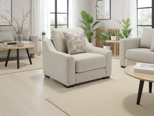 Douglas beige fabric armchair with patterned cushion and dark wooden feet