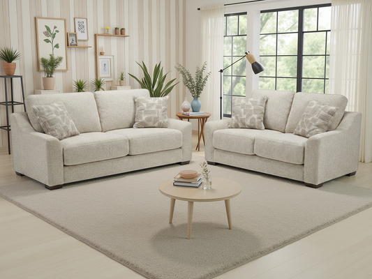 Douglas beige fabric three-seater and two-seater sofa set with patterned cushions