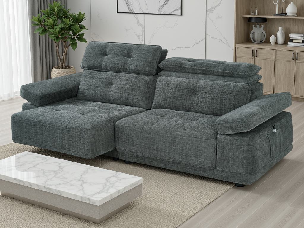 A modern gray fabric sectional sofa with a chaise lounge.