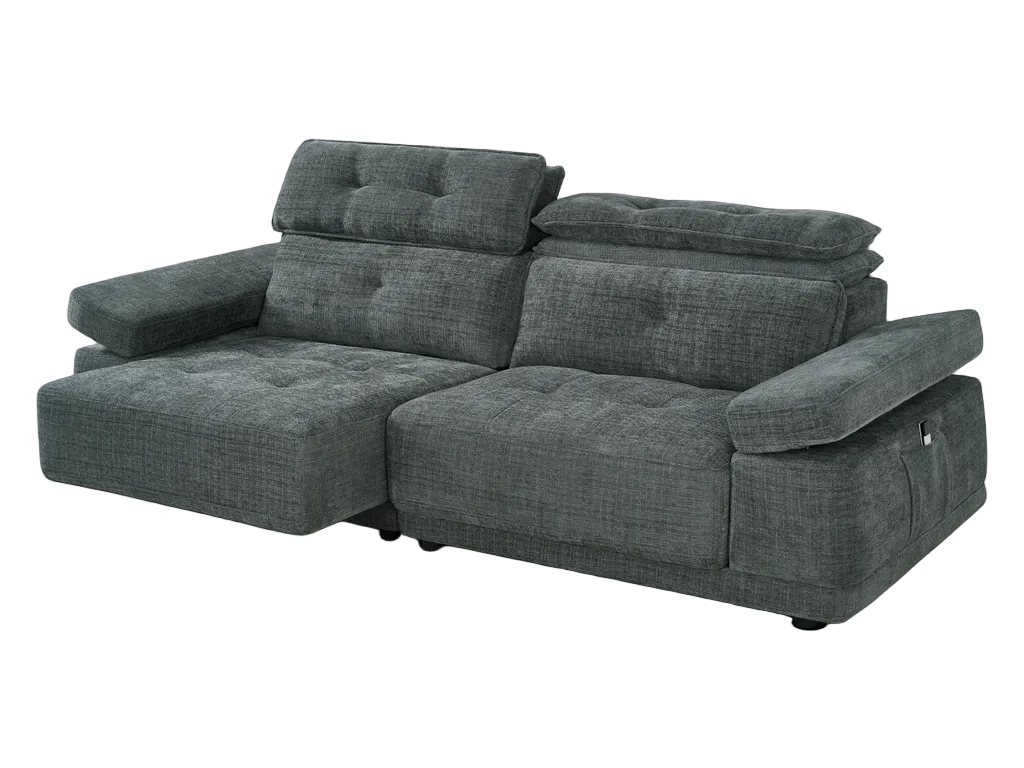 A dark gray textured fabric reclining sofa with a chaise lounge on the left shown against a plain white background.