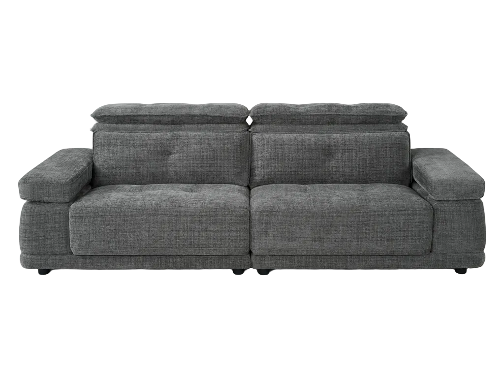 A modern gray fabric sectional sofa with tufted back cushions, shown in a bright, contemporary living room with a white background.