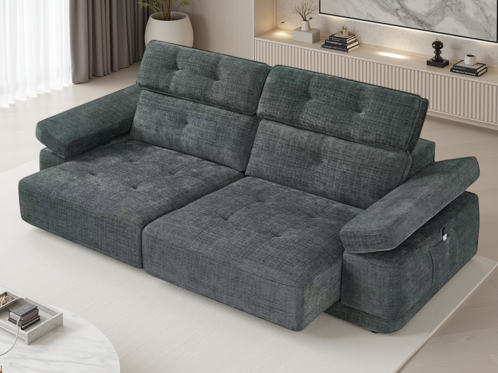 A modern two-seater sofa in a textured dark gray fabric, featuring tufted back cushions, contemporary living room setting.