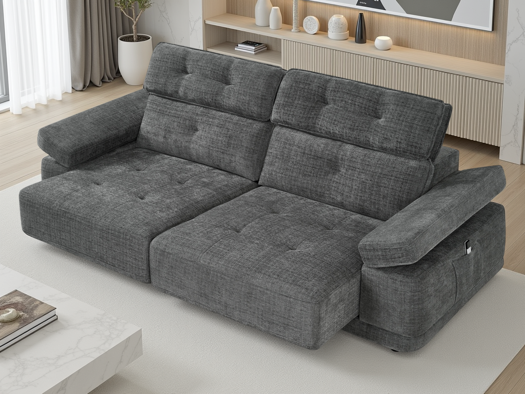 A modern gray fabric reclining sofa with tufted back cushions and a chaise lounge, shown in a bright contemporary living room setting.