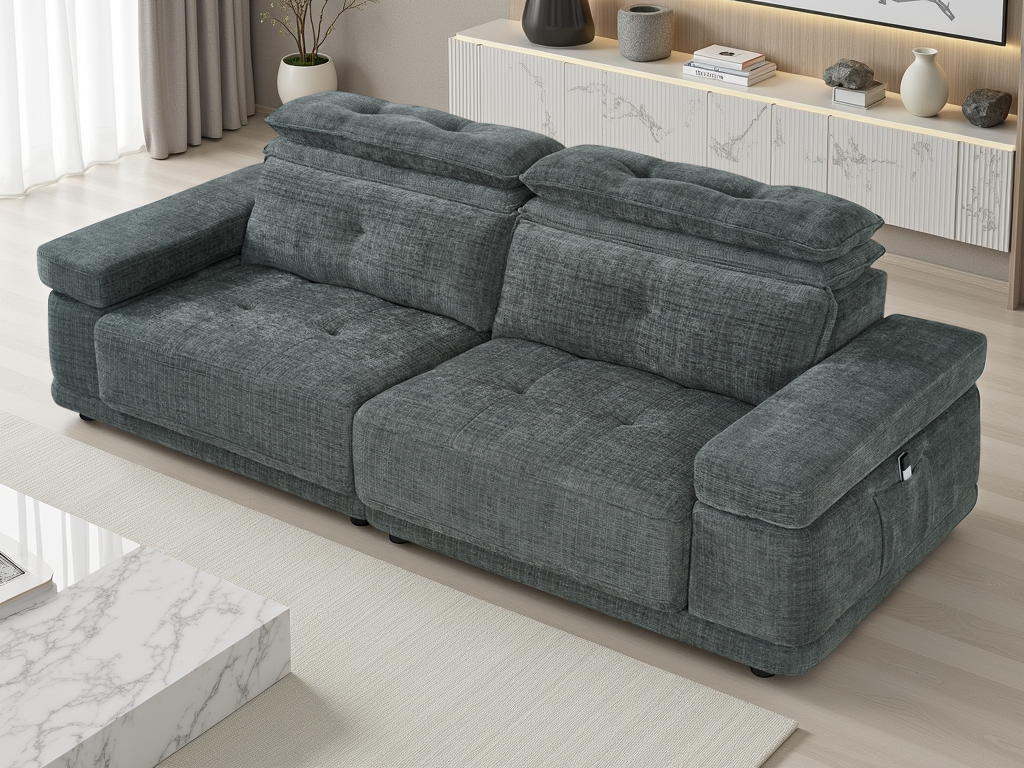A modern gray fabric sofa with tufted back cushions and side pockets, shown in a bright, contemporary living room setting.