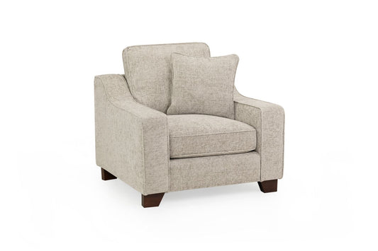 Beige armchair with brown legs on a white background
