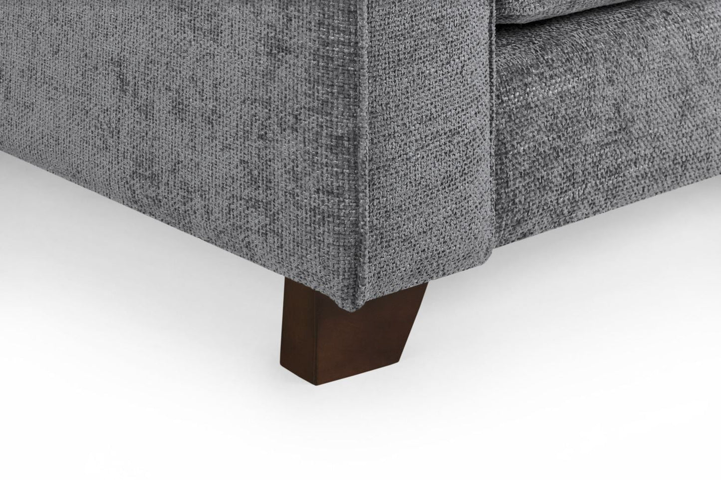 Gray textured sofa with a wooden leg on a white background