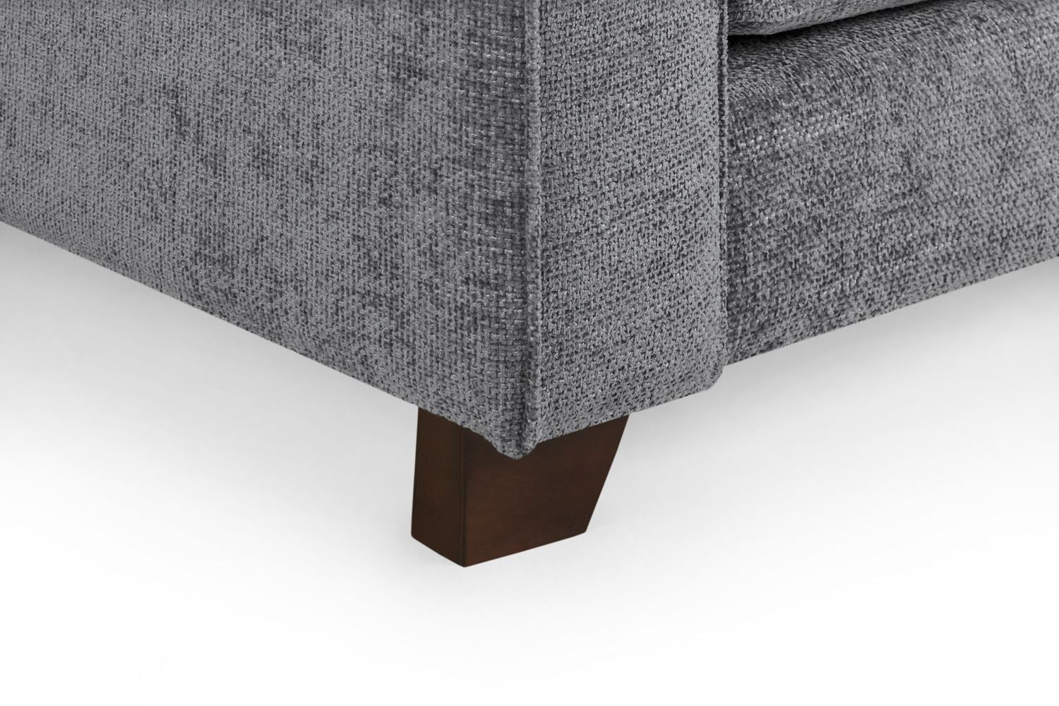 Gray textured sofa with a wooden leg on a white background