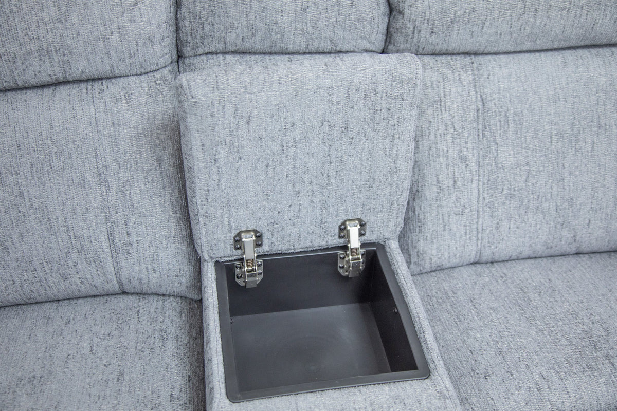 Gray fabric sofa with a hidden storage compartment.
