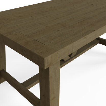 A rustic wooden workbench with a thick, heavy tabletop and sturdy legs, shown on a clean white background.