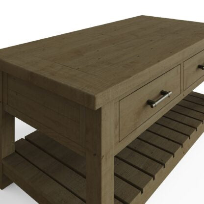 Wooden console table with drawers and shelves on a white background