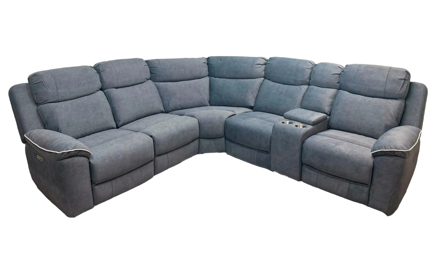 A gray fabric reclining sectional sofa with multiple seat cushions, wide armrests, and a center console, shown on a plain white background.