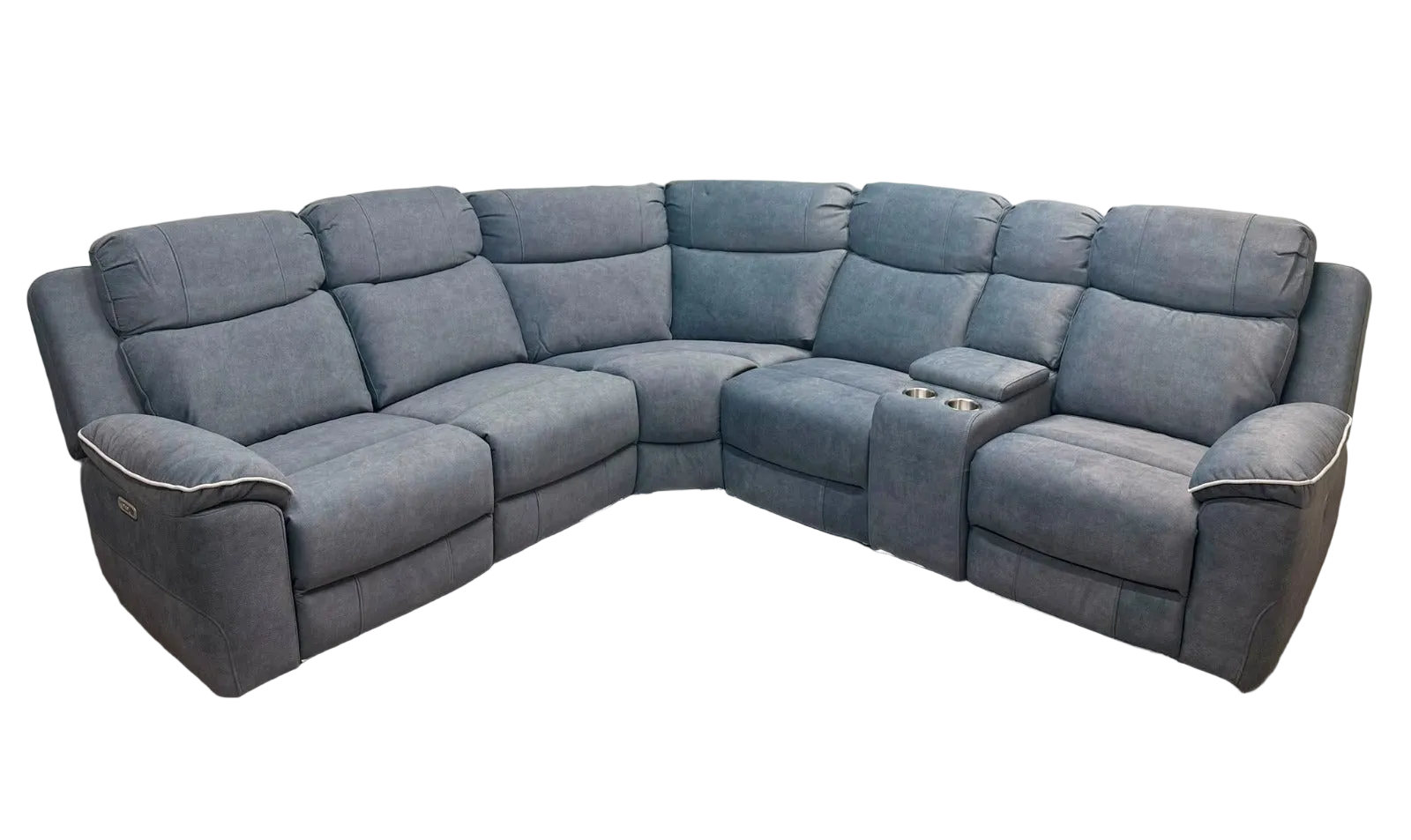 A gray fabric reclining sectional sofa with multiple seat cushions, wide armrests, and a center console, shown on a plain white background.