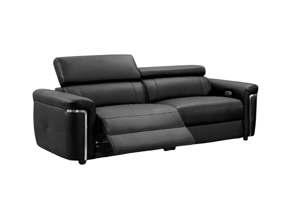 A modern black leather reclining sofa with one seat cushion extended, shown on a plain white background.