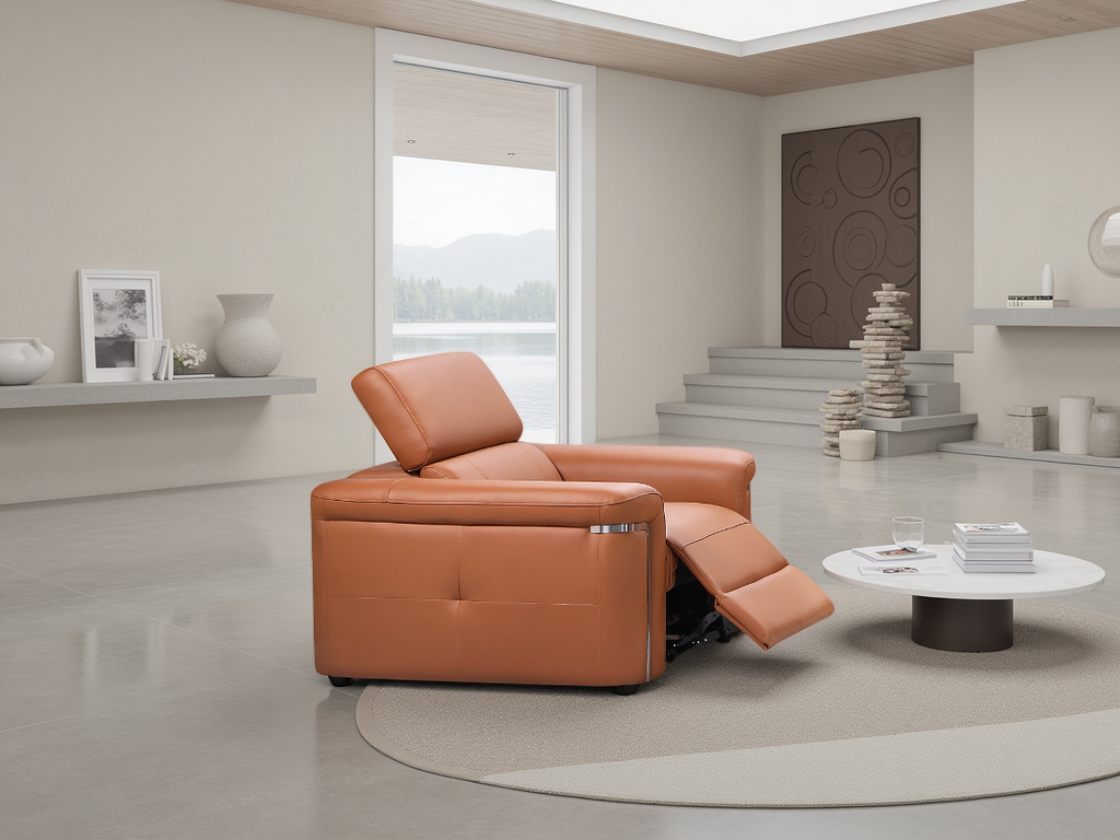 Tan leather recliner chair in a modern living room setting.