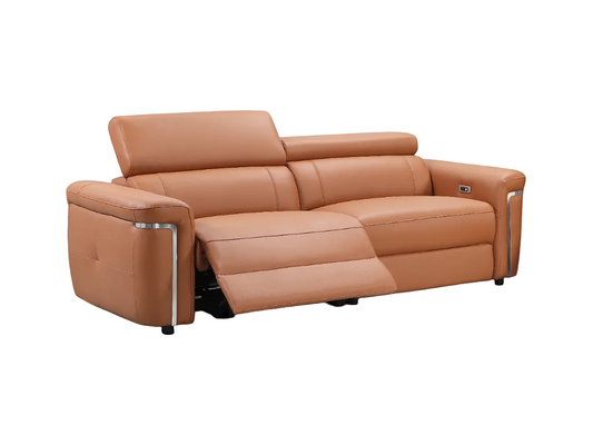 A modern tan leather reclining sofa shown from a three-quarter angle, with the front seat cushion extended, on a plain white background.