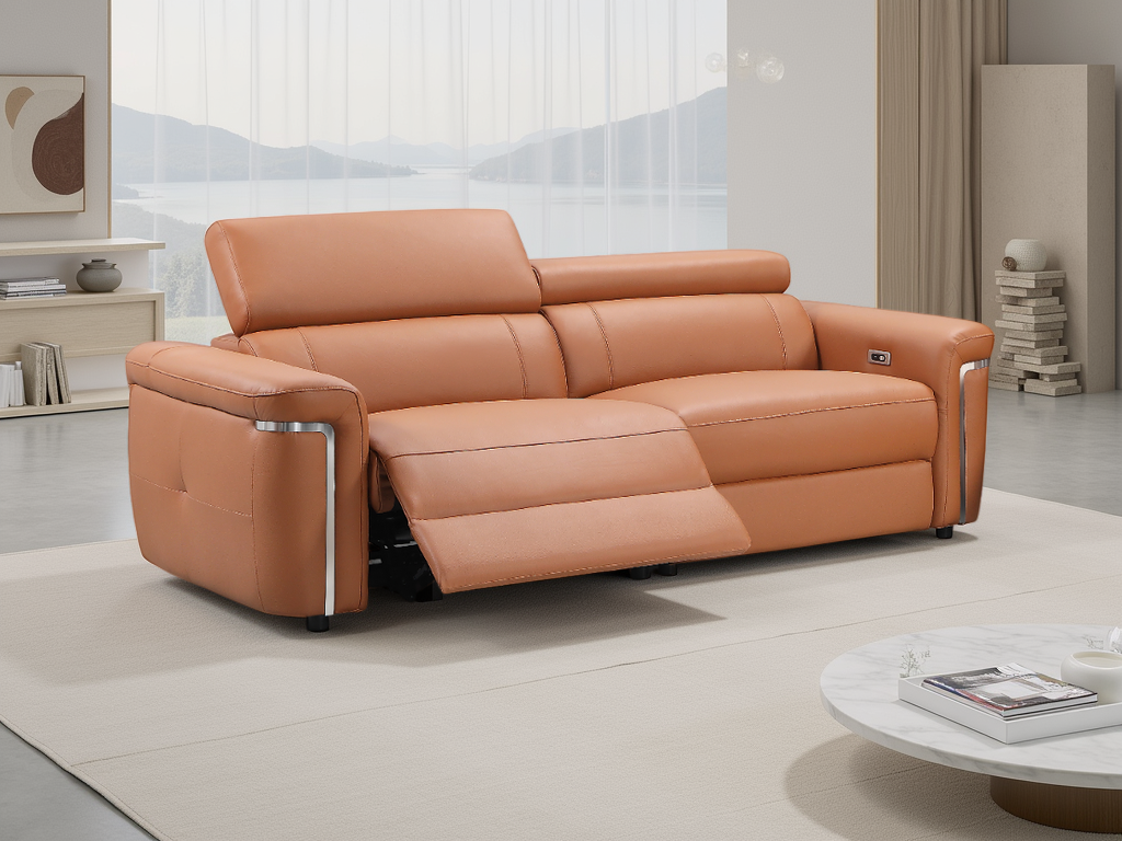 Brown leather sofa in a modern living room setting
