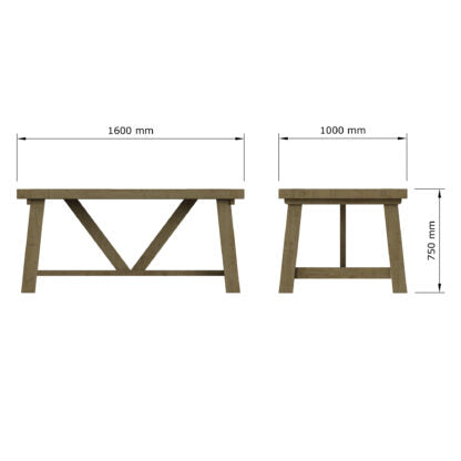A wooden table shown from two angles with dimension lines and labels indicating 1600 mm width, 1000 mm depth, and 750 mm height on a white background.