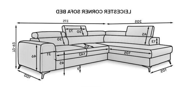 A black-and-white line drawing of a corner sofa bed with dimension arrows and measurements around the piece, including.