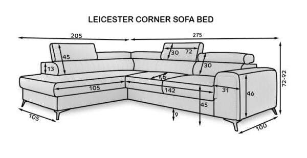 Diagram of a Leicester corner sofa bed with dimensions