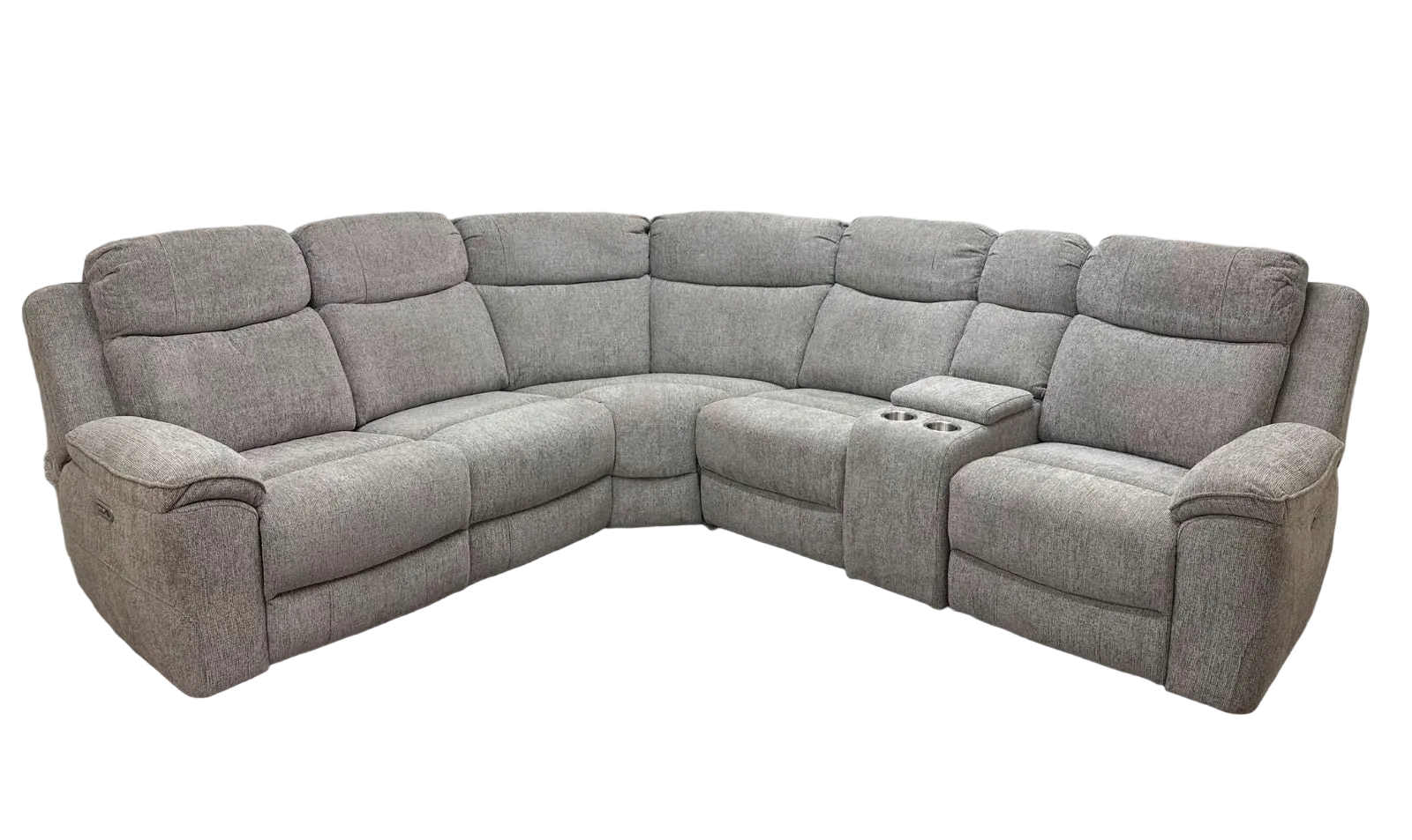 A light gray upholstered reclining sectional sofa with a curved L-shape design, featuring a center console with cup holders, shown against a plain white background.