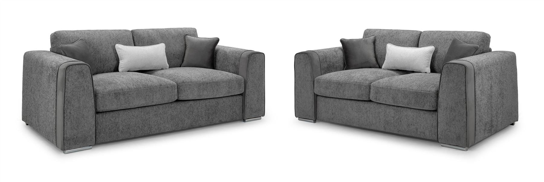 Naples grey three-seater and two-seater sofa set with velvet arm detailing and accent cushions