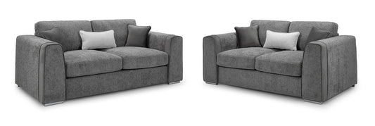 Naples grey three-seater and two-seater sofa set with velvet arm detailing and accent cushions