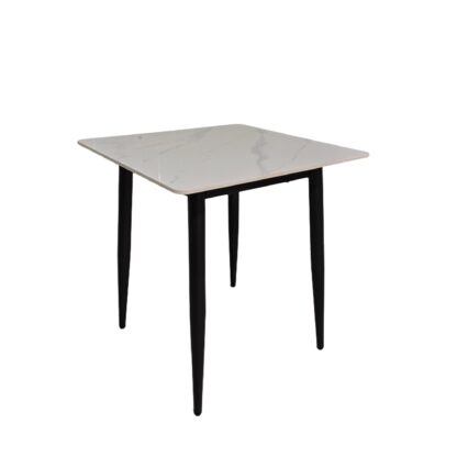 A square dining table with a white marble-patterned top and four black tapered legs, shown against a plain white background.
