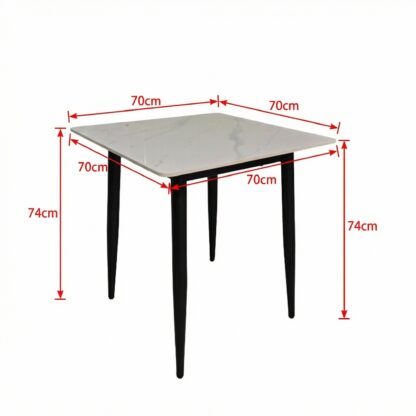 A square dining table with a light gray marble-patterned top and black legs, overlaid with red dimension lines and labels showing 70cm by 70cm top sides and 74cm leg heights on a white background.