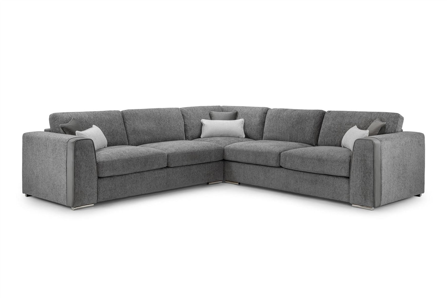 Gray sectional sofa with cushions on a white background