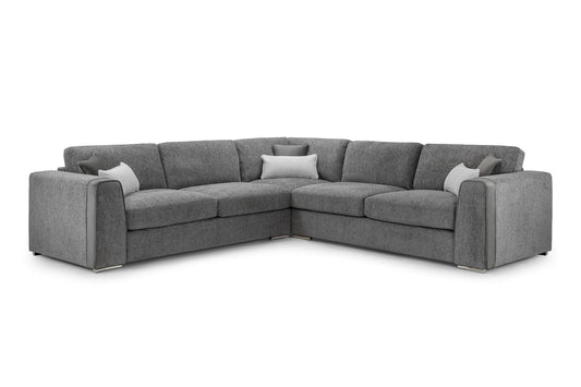 Gray sectional sofa with cushions on a white background