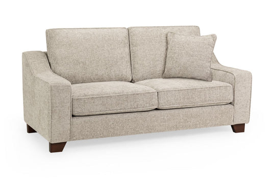 Beige sofa with brown legs on a white background