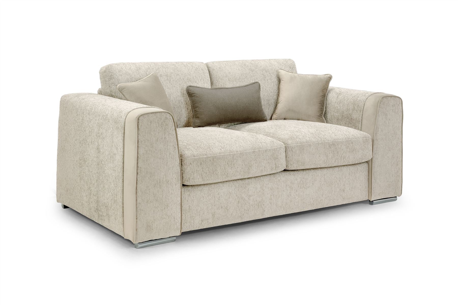 Beige sofa with cushions on a white background