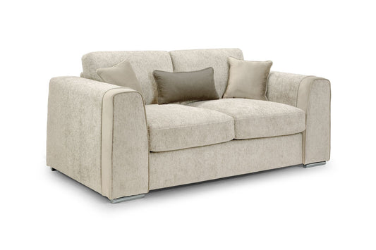 Beige sofa with cushions on a white background