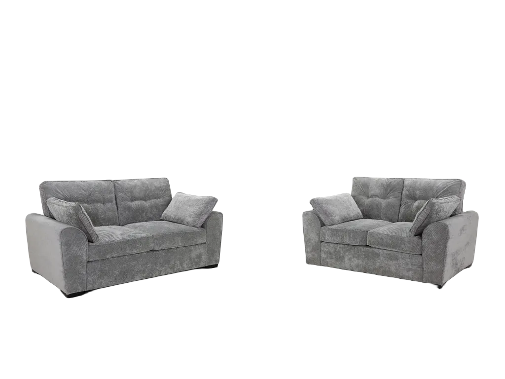 A gray upholstered loveseat and matching armchair shown side by side on a plain white background.