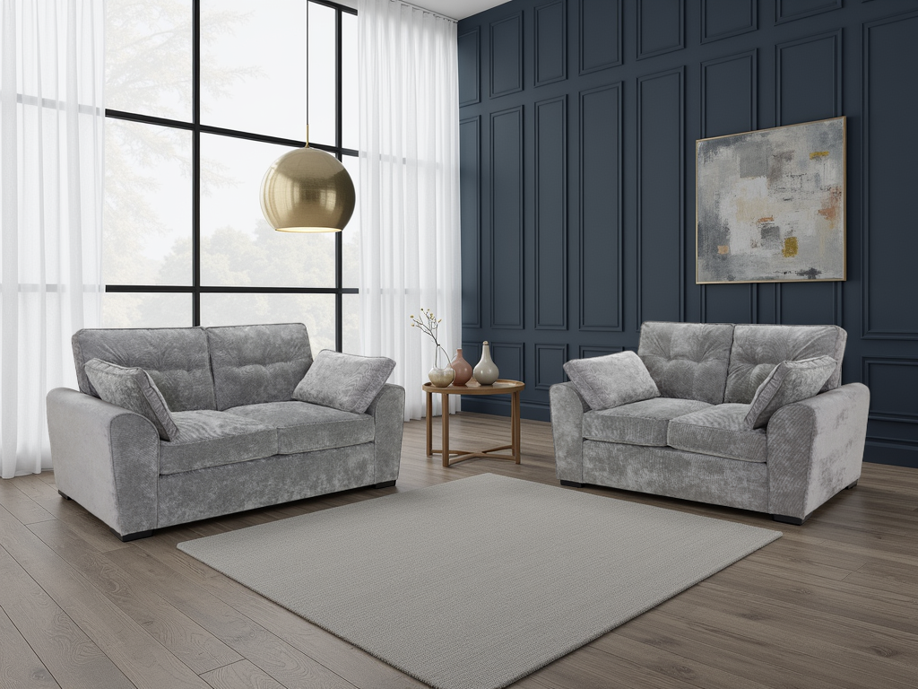 Gray sofa set in a modern living room with dark blue walls and large windows.
