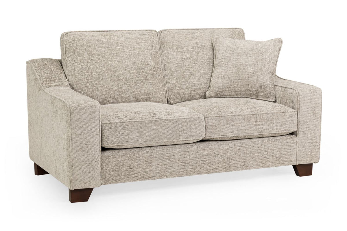 Beige sofa with two cushions on a white background