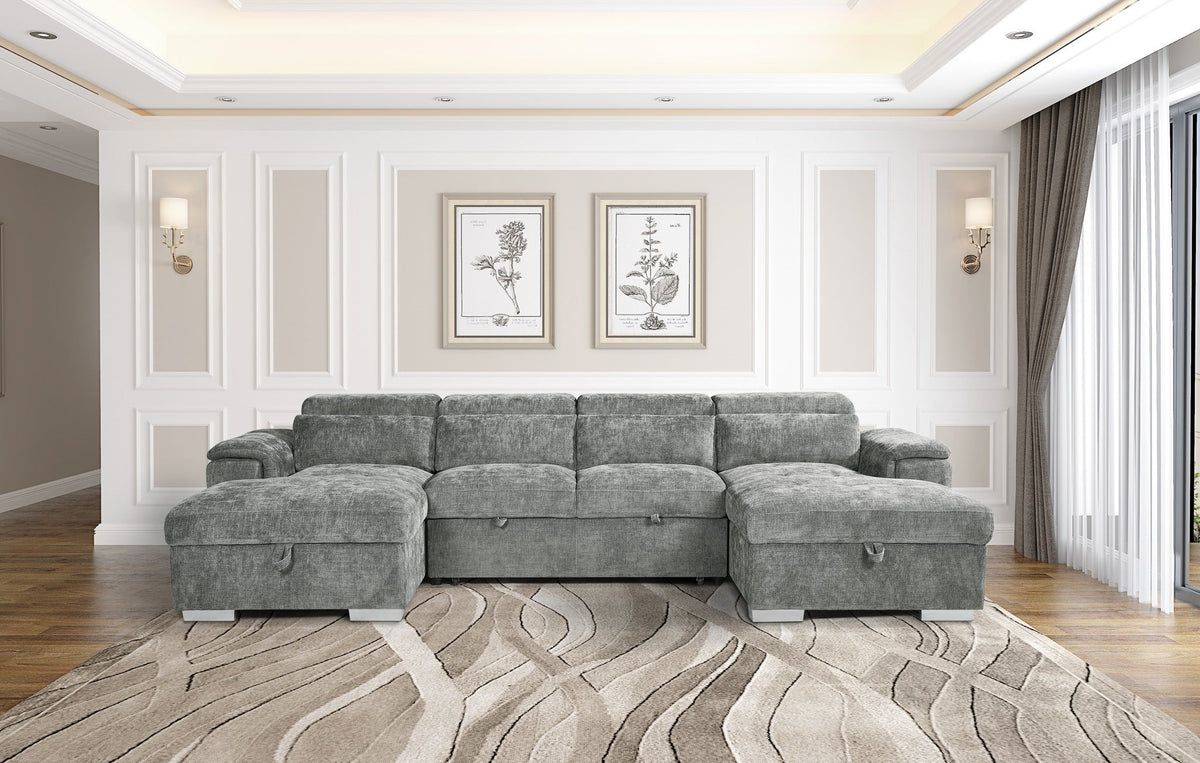 Gray sectional sofa in a living room with decorative elements.