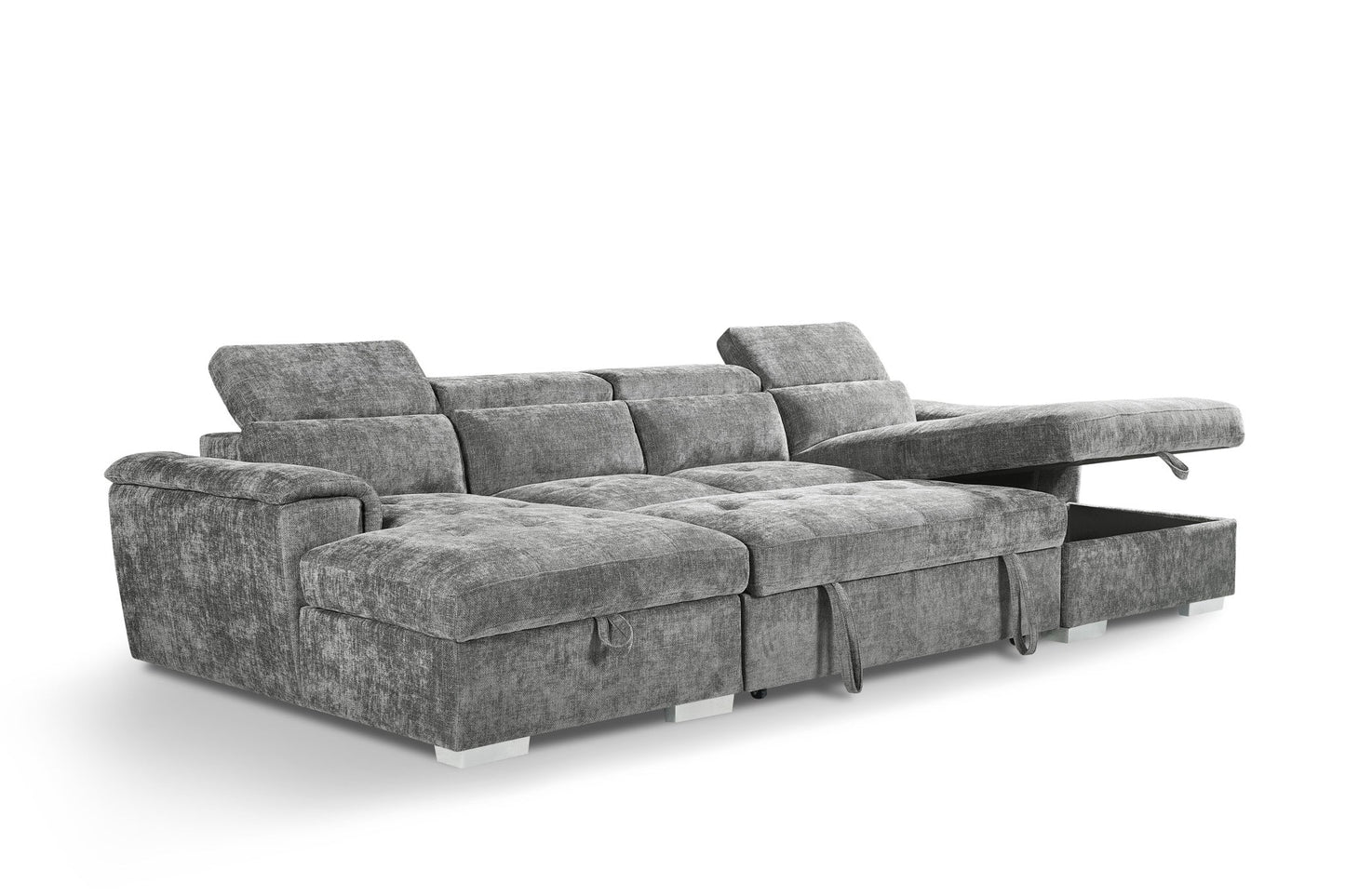 Gray sectional sofa with storage drawers on a white background