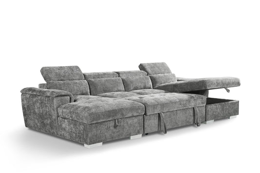 Gray sectional sofa with storage drawers on a white background